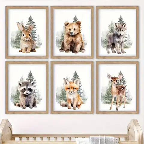 Cute Woodland Animals Wall Art Print Canvas Painting Watercolor Forest Bear Deer Fox Posters for Baby Bedroom Nursery Decoration