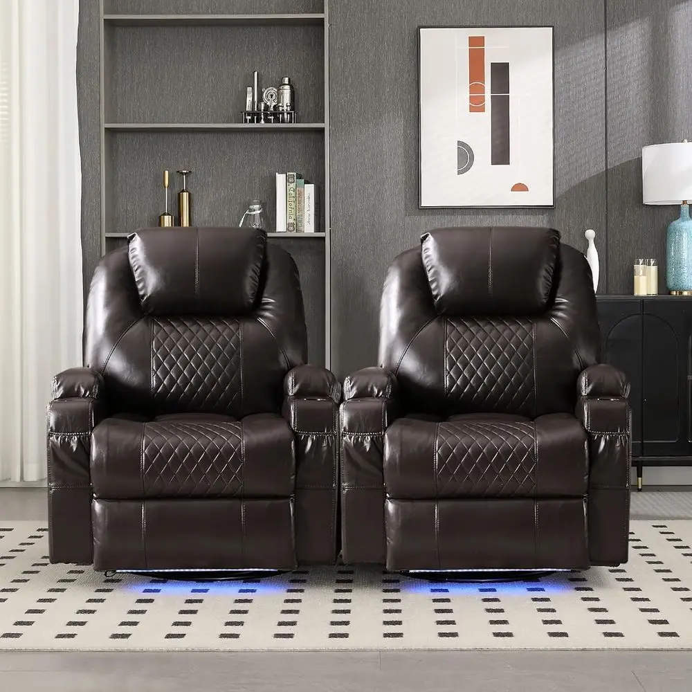 Dual Seat Power Swivel Rocker Recliner with Heat, Massage, Cup Holder, LED Lights, and USB Charging Ports in PU Brown for Living
Dual Seat Power Swivel Rocker Recliner with Heat, Massage, Cup Holder, LED Lights, and USB Charging Ports in PU Brown for Living