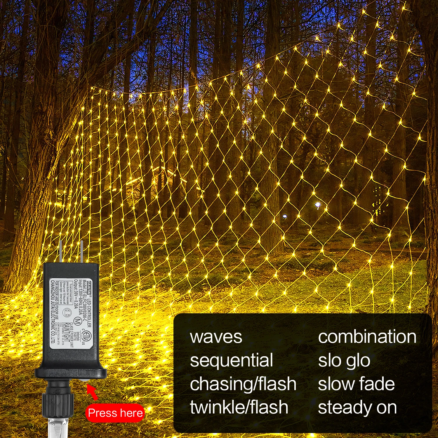 Warm White Fish Net Light, 2200K-2400K Warm White, 30V 6W, 8 Lighting Modes, Plug-in Power Controller, Indoor Outdoor Decoration
Warm White Fish Net Light, 2200K-2400K Warm White, 30V 6W, 8 Lighting Modes, Plug-in Power Controller, Indoor Outdoor Decoration