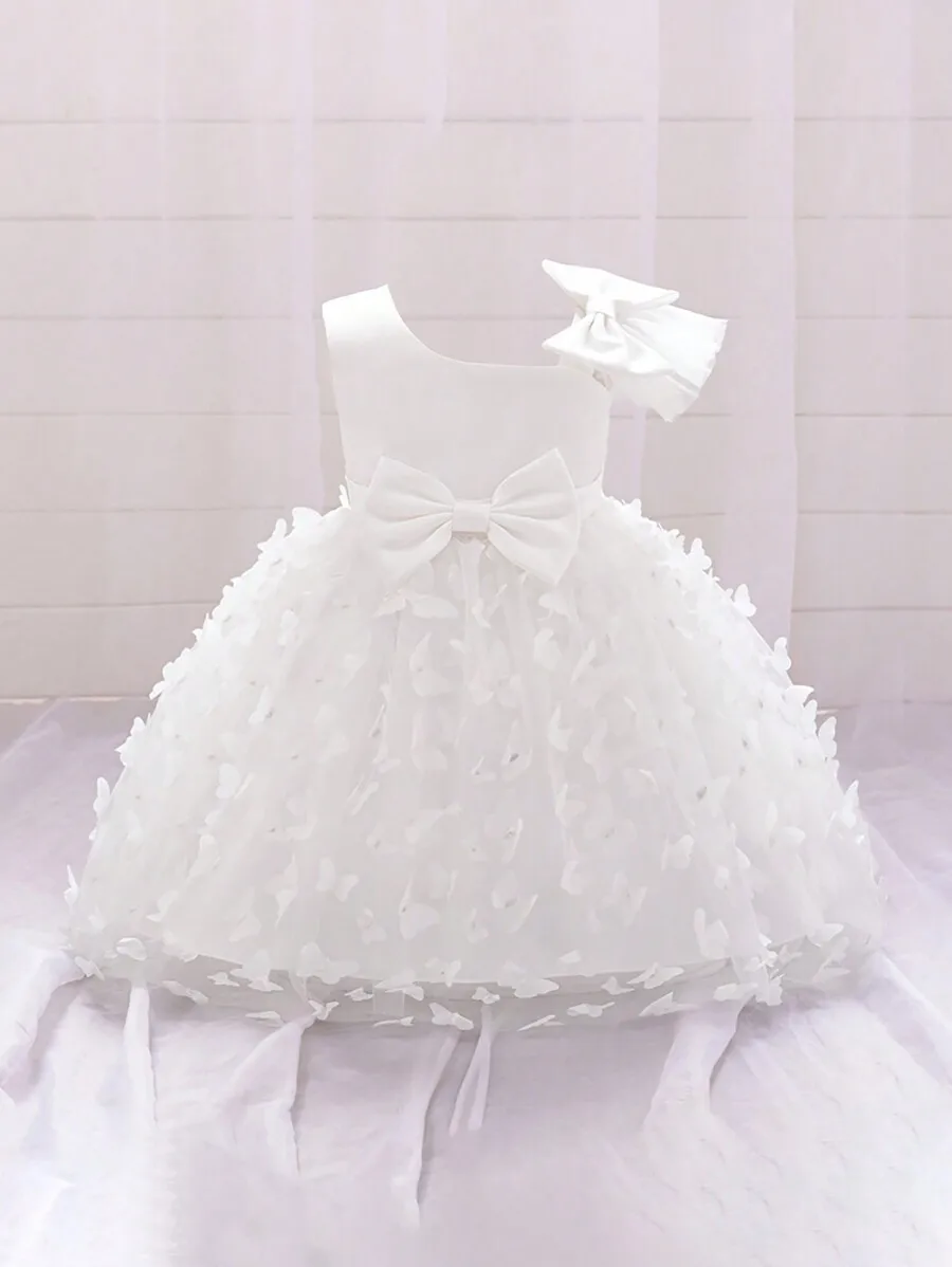 White One-Shoulder Tulle Dress With Butterfly Applique And Bow
White One-Shoulder Tulle Dress With Butterfly Applique And Bow