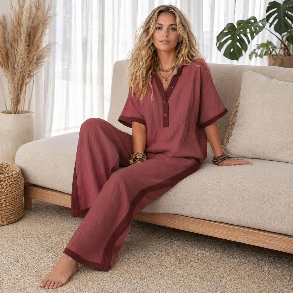 Relaxed Fit Women’s Suit Summer V-Neck Loose Fit & Elastic Waist Palazzo Pants 2-Piece Outfit for Home Office Travel
Relaxed Fit Women’s Suit Summer V-Neck Loose Fit & Elastic Waist Palazzo Pants 2-Piece Outfit for Home Office Travel