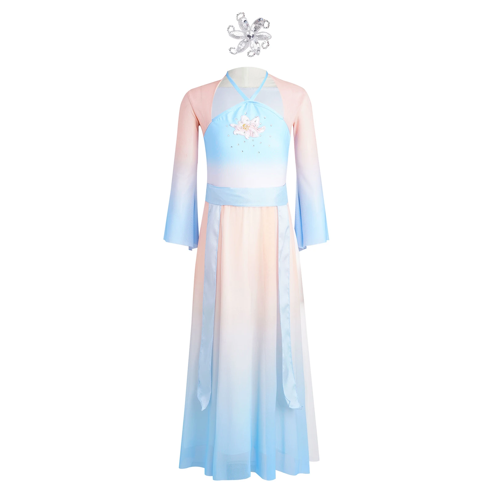 Kids Girls Classical Dance Performance Costume Split Sheer Mesh Dress with Pants Belt and Headwear Gradient Modern Dance Clothes
Kids Girls Classical Dance Performance Costume Split Sheer Mesh Dress with Pants Belt and Headwear Gradient Modern Dance Clothes