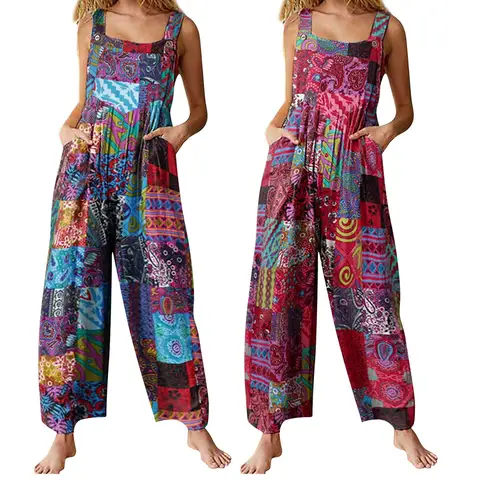 Captivating New Women Summer Overalls, Multicolor Ethnic Style Square Neck Sleeveless Casual Jumpsuit with Pockets for Girls