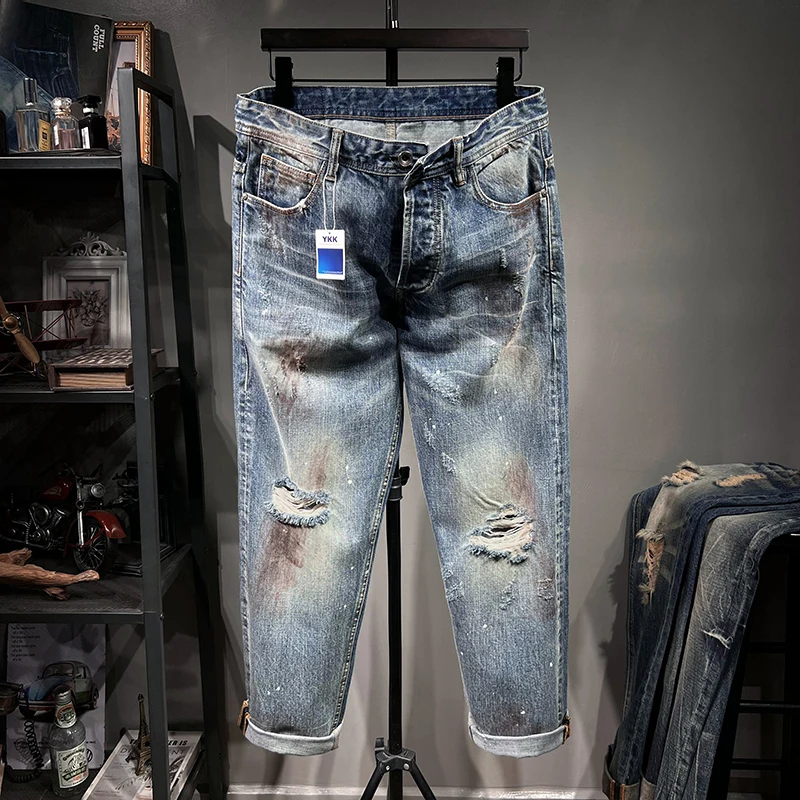 Streetwear Men's Light Ripped Jeans Y2K Style Paint Dot Splash Ink Design Straight Wide-leg Cotton Denim Pants Large Size 42 44
Streetwear Men's Light Ripped Jeans Y2K Style Paint Dot Splash Ink Design Straight Wide-leg Cotton Denim Pants Large Size 42 44