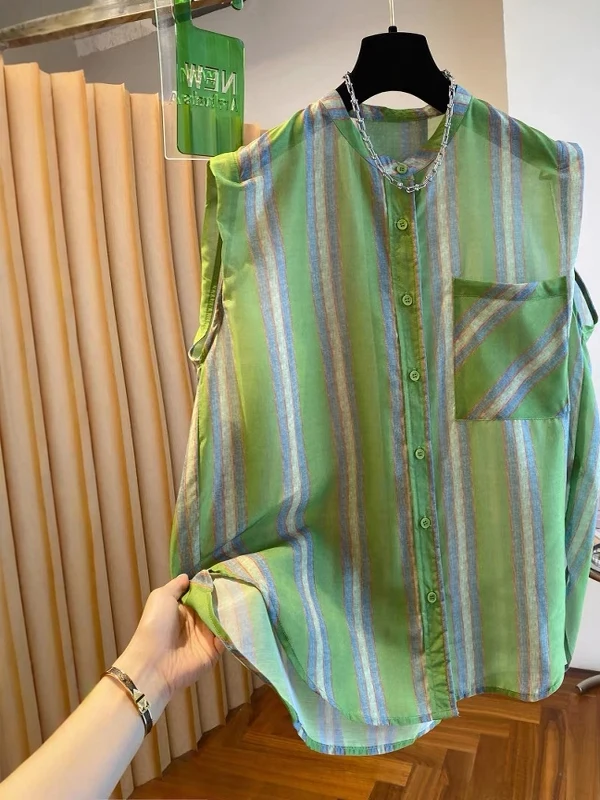 Striped Sleeveless Loose Lightweight Stand Collar Shirt for Women plus Size Comfortable Breathable Daily Wear Vintage Style
Striped Sleeveless Loose Lightweight Stand Collar Shirt for Women plus Size Comfortable Breathable Daily Wear Vintage Style
