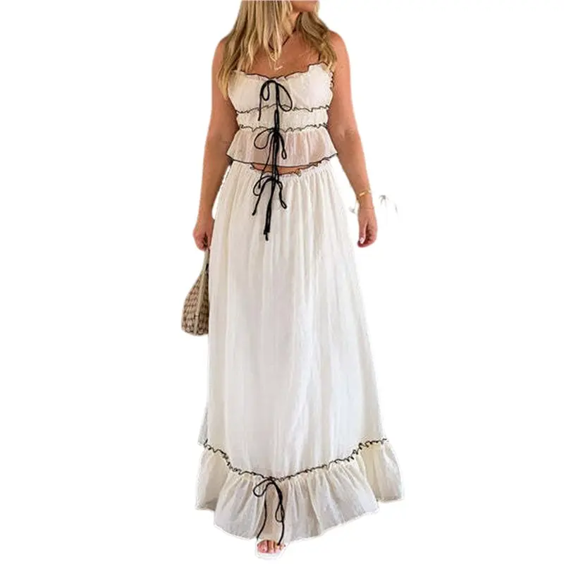 CYL-Women's Skirt Sets 2 Piece Outfits Contrast Trim Ruffle Hem Tops And Maxi Skirt Vacation Set
CYL-Women's Skirt Sets 2 Piece Outfits Contrast Trim Ruffle Hem Tops And Maxi Skirt Vacation Set