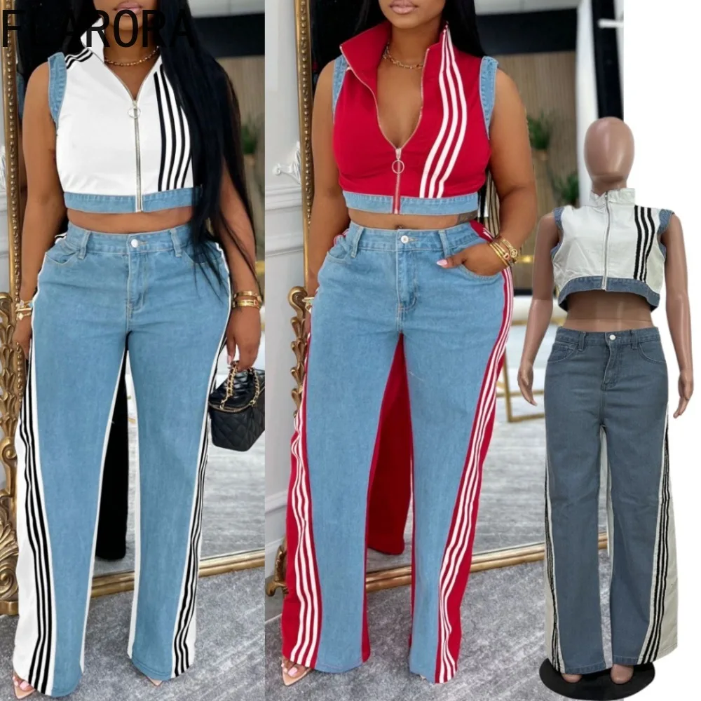 FLARORA Fashion Denim Patchwork 2 Piece Sets Woman Stripe Sleeveless Zip Crop Tank Tops And Wide Leg Pants Street Tracksuits 
FLARORA Fashion Denim Patchwork 2 Piece Sets Woman Stripe Sleeveless Zip Crop Tank Tops And Wide Leg Pants Street Tracksuits