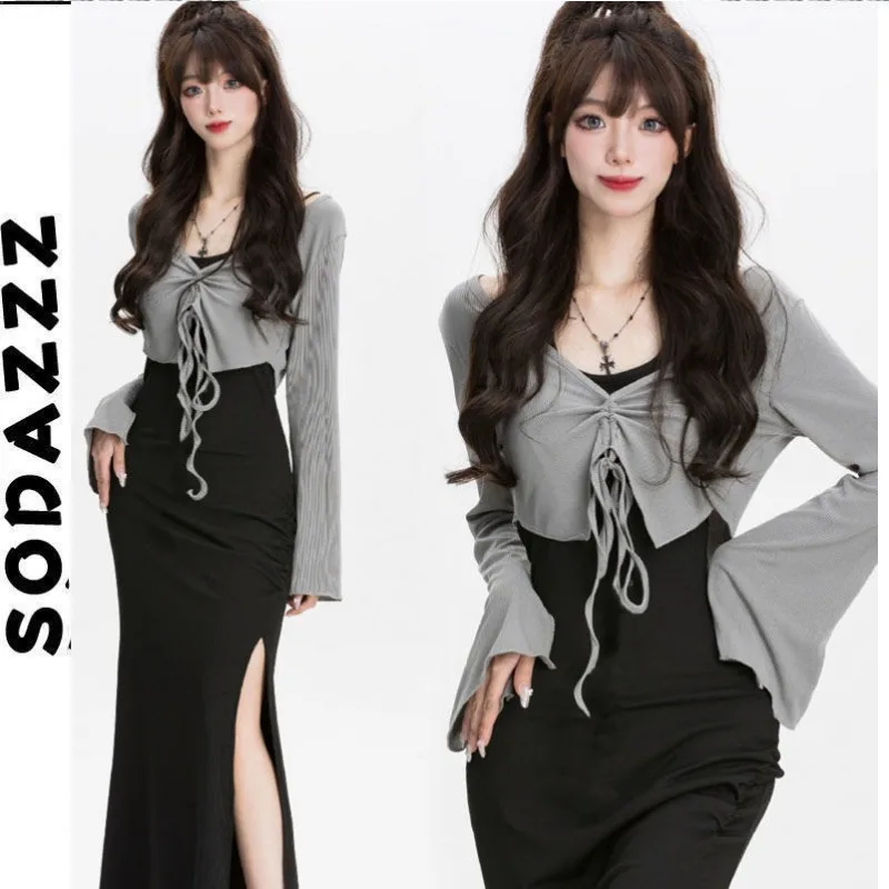 Sexy Hanging Neck Dress for Women Slim Package Hip Split Dress 2pcs Sets + Long Sleeve Cardigan Fashion Streetwear Party Dress
Sexy Hanging Neck Dress for Women Slim Package Hip Split Dress 2pcs Sets + Long Sleeve Cardigan Fashion Streetwear Party Dress