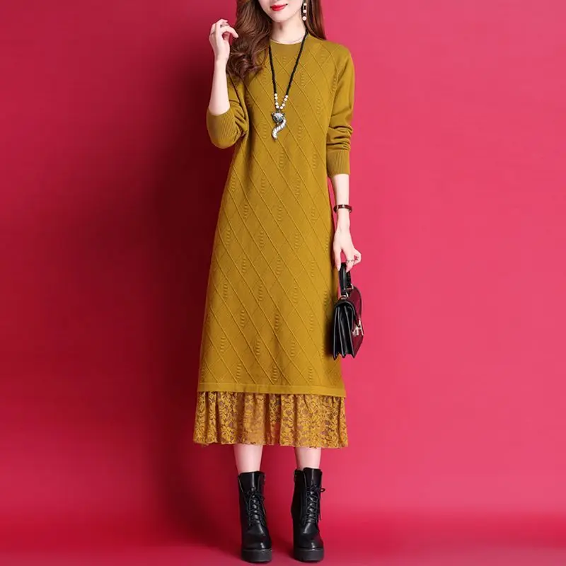 Autumn and Winter 2024 Lace Patchwork Over Knee Mid-length Sweater Dress Solid Knitted Long Skirt O-Neck Base Dresses LU463
Autumn and Winter 2024 Lace Patchwork Over Knee Mid-length Sweater Dress Solid Knitted Long Skirt O-Neck Base Dresses LU463