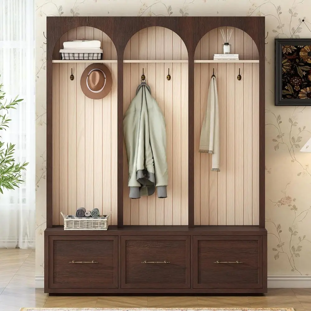 4-in-1 Walnut Entryway Coat Rack with Shoe Bench and 3 Drawers
4-in-1 Walnut Entryway Coat Rack with Shoe Bench and 3 Drawers
