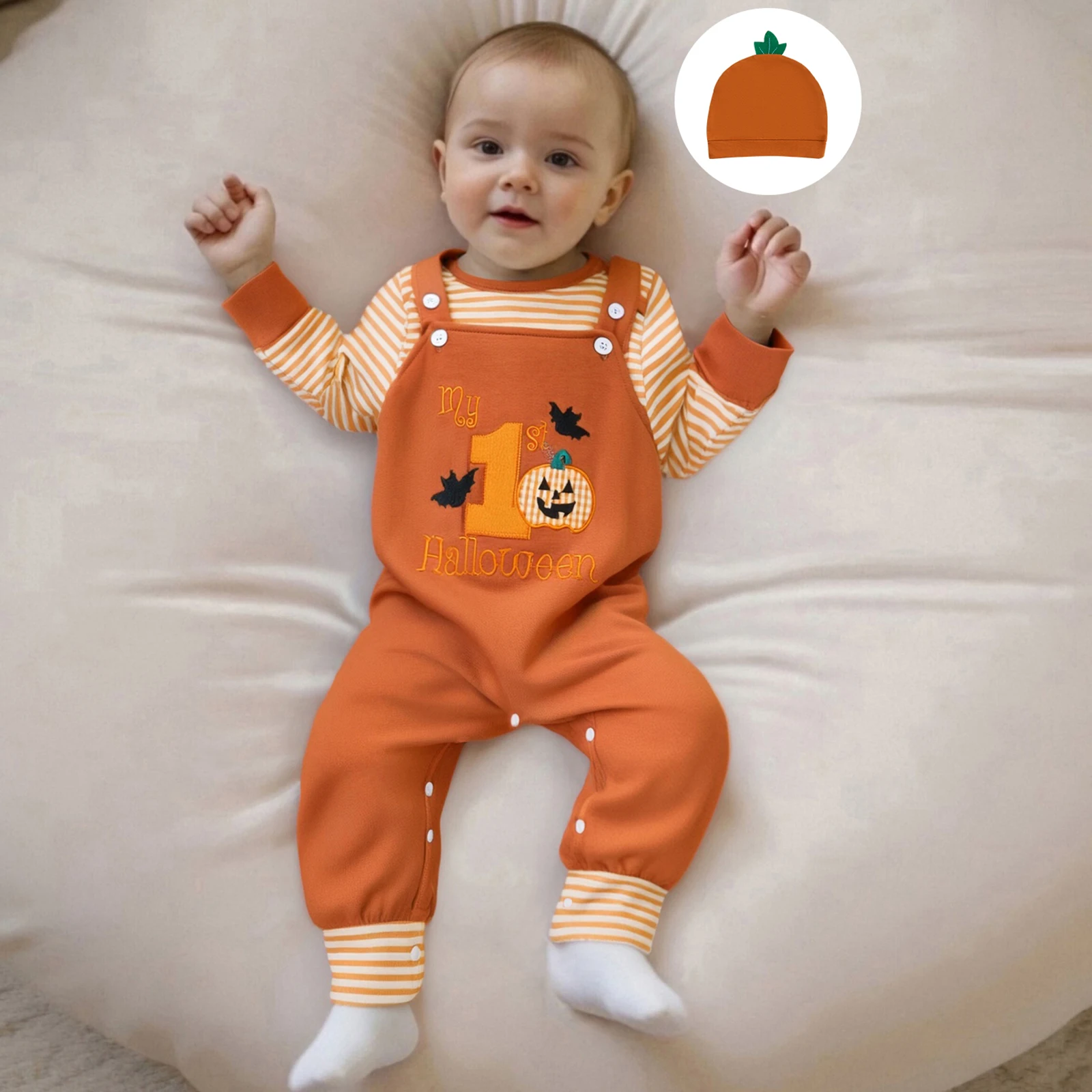 Baby Clothing Boy Halloween Outfit Striped Long Sleeve Romper Pumpkin Bat Overall Pants Hat 3 Piece Fall Set
Baby Clothing Boy Halloween Outfit Striped Long Sleeve Romper Pumpkin Bat Overall Pants Hat 3 Piece Fall Set