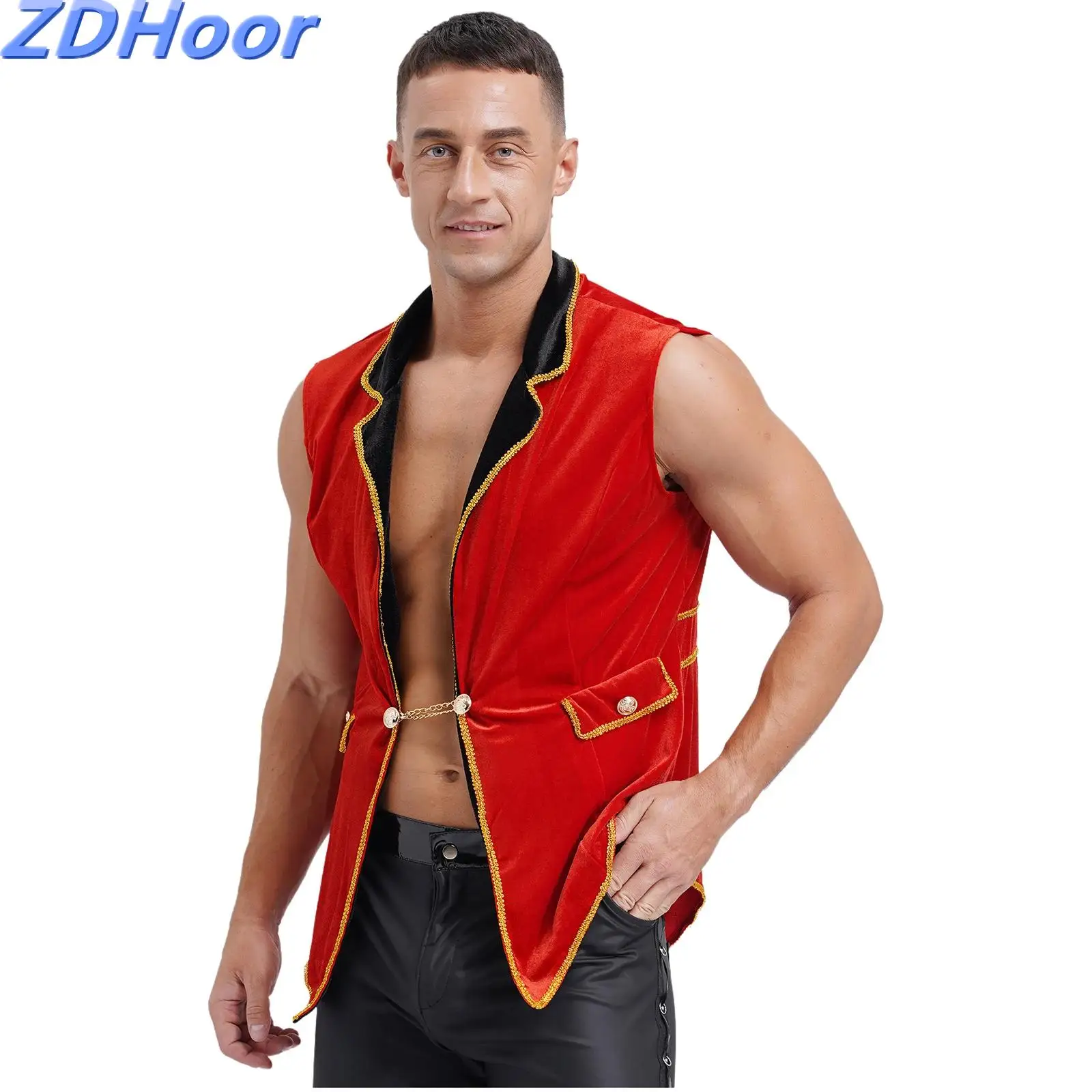 Mens Circus Ringmaster Tailcoat Halloween Cosplay Costume Lapel Sleeveless Gold Details Velvet Jacket
Mens Circus Ringmaster Tailcoat Halloween Cosplay Costume Lapel Sleeveless Gold Details Velvet Jacket