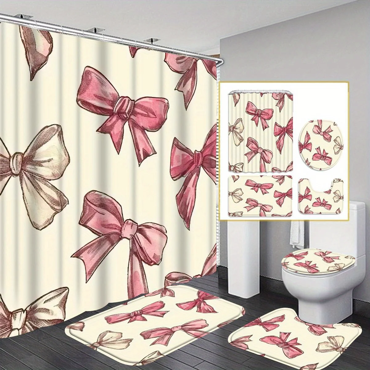Декор для ванной комнаты с розовым бантом из 4 предметов, можно стирать в машине, занавеска для душа, коврик для ванной, U-образный коврик, коврик для сиденья унитаза
Декор для ванной комнаты с розовым бантом из 4 предметов, можно стирать в машине, занавеска для душа, коврик для ванной, U-образный коврик, коврик для сиденья унитаза
