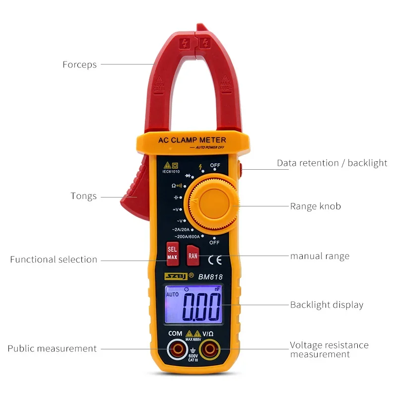 SZBJ BM818 Digital clamp meter BM819 Ture-RMS Ammeter ACV/DCV ACA 600V/600A Auto Range capacitance 2000uF/10000uF NCV Backlight
SZBJ BM818 Digital clamp meter BM819 Ture-RMS Ammeter ACV/DCV ACA 600V/600A Auto Range capacitance 2000uF/10000uF NCV Backlight