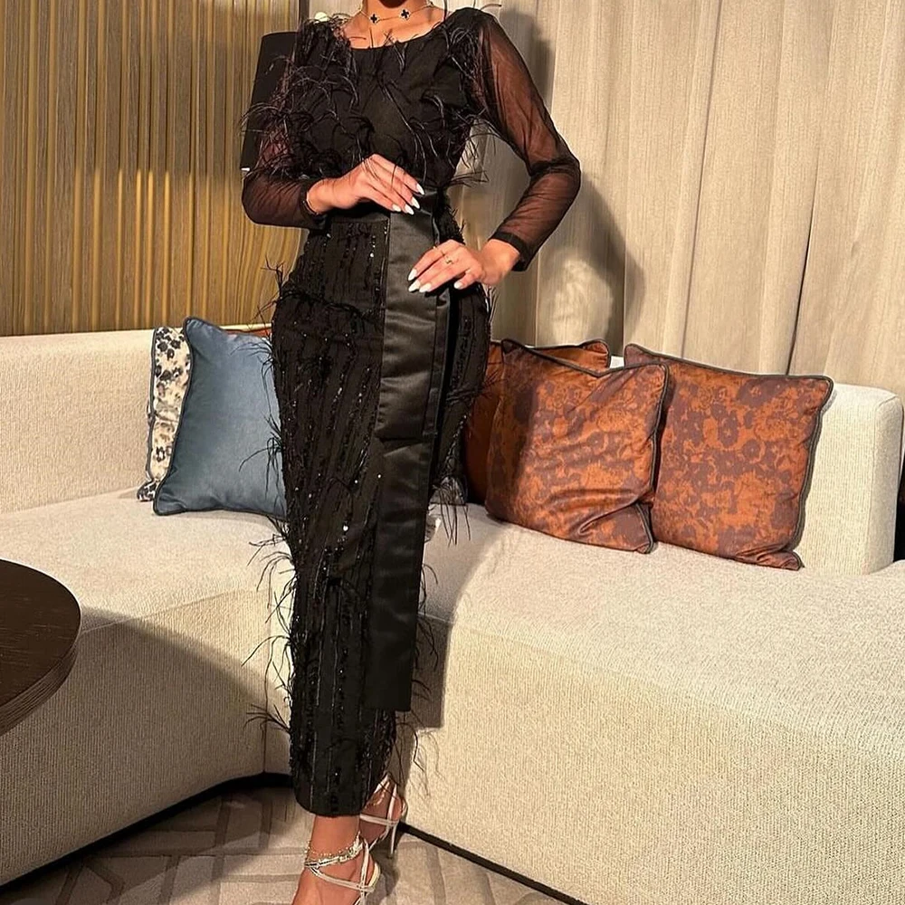 Customized Exquisite Criss-Cross Sequined Feathers O-Neck Evening Dress Luxury Long Sleeves Belt Black Satin Vestido De Festa
Customized Exquisite Criss-Cross Sequined Feathers O-Neck Evening Dress Luxury Long Sleeves Belt Black Satin Vestido De Festa