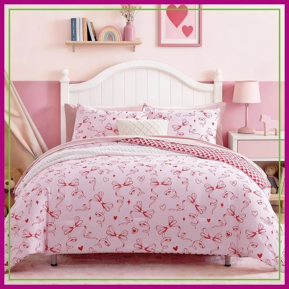 Full Size Comforter Set for Girls, Red Bow Bedding Set Reversible with Cute Heart, All Season Bed in a Bag 7 Pieces
Full Size Comforter Set for Girls, Red Bow Bedding Set Reversible with Cute Heart, All Season Bed in a Bag 7 Pieces