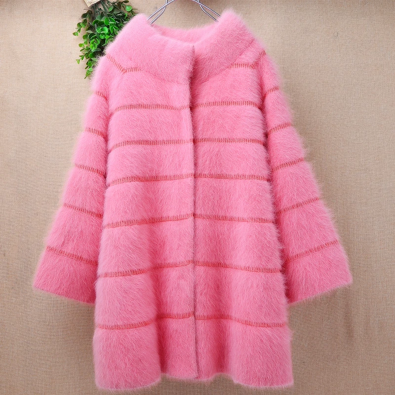 Cute Pink Striped Rabbit Fur Coat Women Winter Warm Angora Knitted Cardigan Stand Collar 3/4 Sleeve Casual Daily Outerwear
Cute Pink Striped Rabbit Fur Coat Women Winter Warm Angora Knitted Cardigan Stand Collar 3/4 Sleeve Casual Daily Outerwear