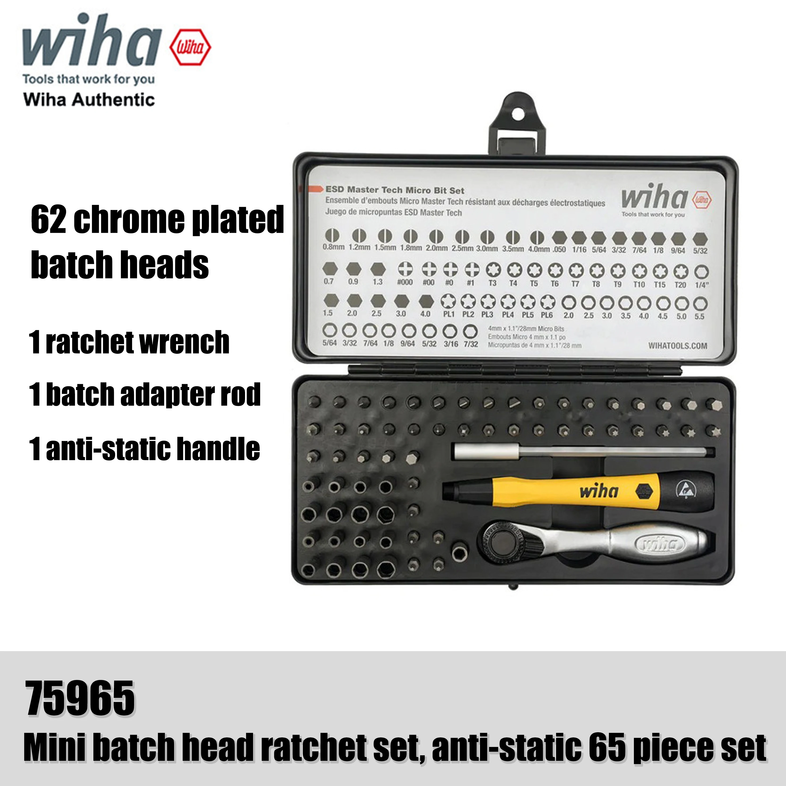 Wiha 65 pieces of batch head ratchet set, micro batch head anti-static tool, ESD precision screwdriver set 75965
Wiha 65 pieces of batch head ratchet set, micro batch head anti-static tool, ESD precision screwdriver set 75965