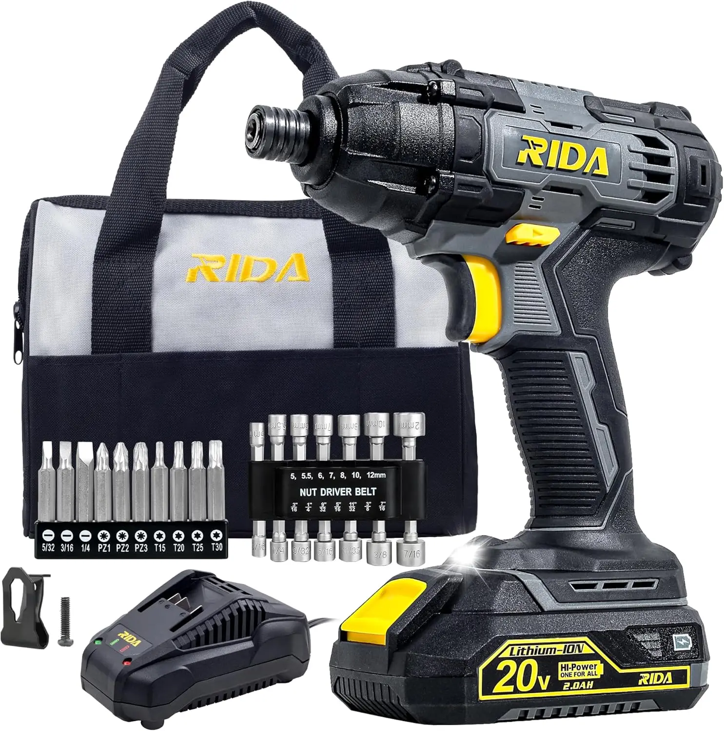 20V Cordless Impact Driver Kit 180Nm 1/4" All-Metal Hex Chuck 0-2800RPM Variable Speed, 2.0Ah Li-ion Battery & Fast Charger, 25
20V Cordless Impact Driver Kit 180Nm 1/4" All-Metal Hex Chuck 0-2800RPM Variable Speed, 2.0Ah Li-ion Battery & Fast Charger, 25