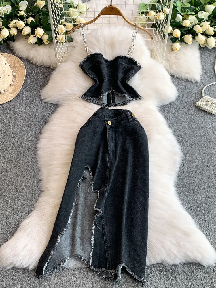 Women short chain sling vest split fork high waist skirt two-piece set sweet and spicy style retro rough edge denim suit
Women short chain sling vest split fork high waist skirt two-piece set sweet and spicy style retro rough edge denim suit