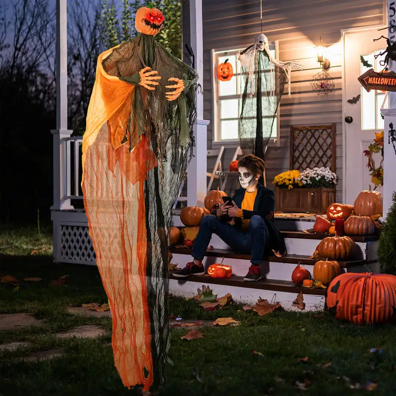 6 Feet Hanging Pumpkin Ghost with Red Glowing Eyes and Bendable Arms
6 Feet Hanging Pumpkin Ghost with Red Glowing Eyes and Bendable Arms