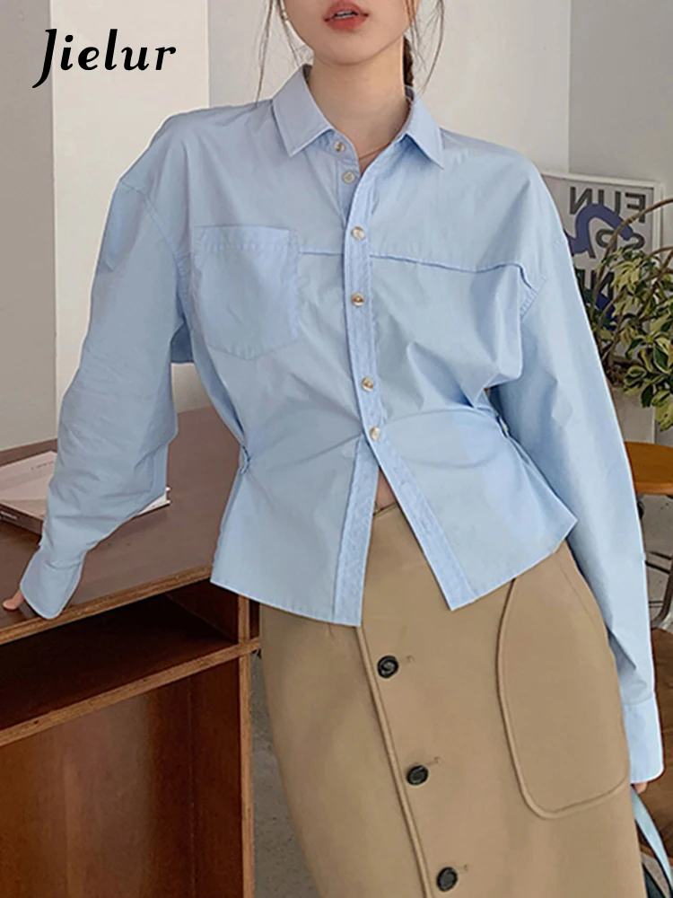Jielur Slim Waist Blue French Style Shirt Solid Color Chic Pockets Single Breasted Fashion Female Shirts Simple Office Ladies
Jielur Slim Waist Blue French Style Shirt Solid Color Chic Pockets Single Breasted Fashion Female Shirts Simple Office Ladies