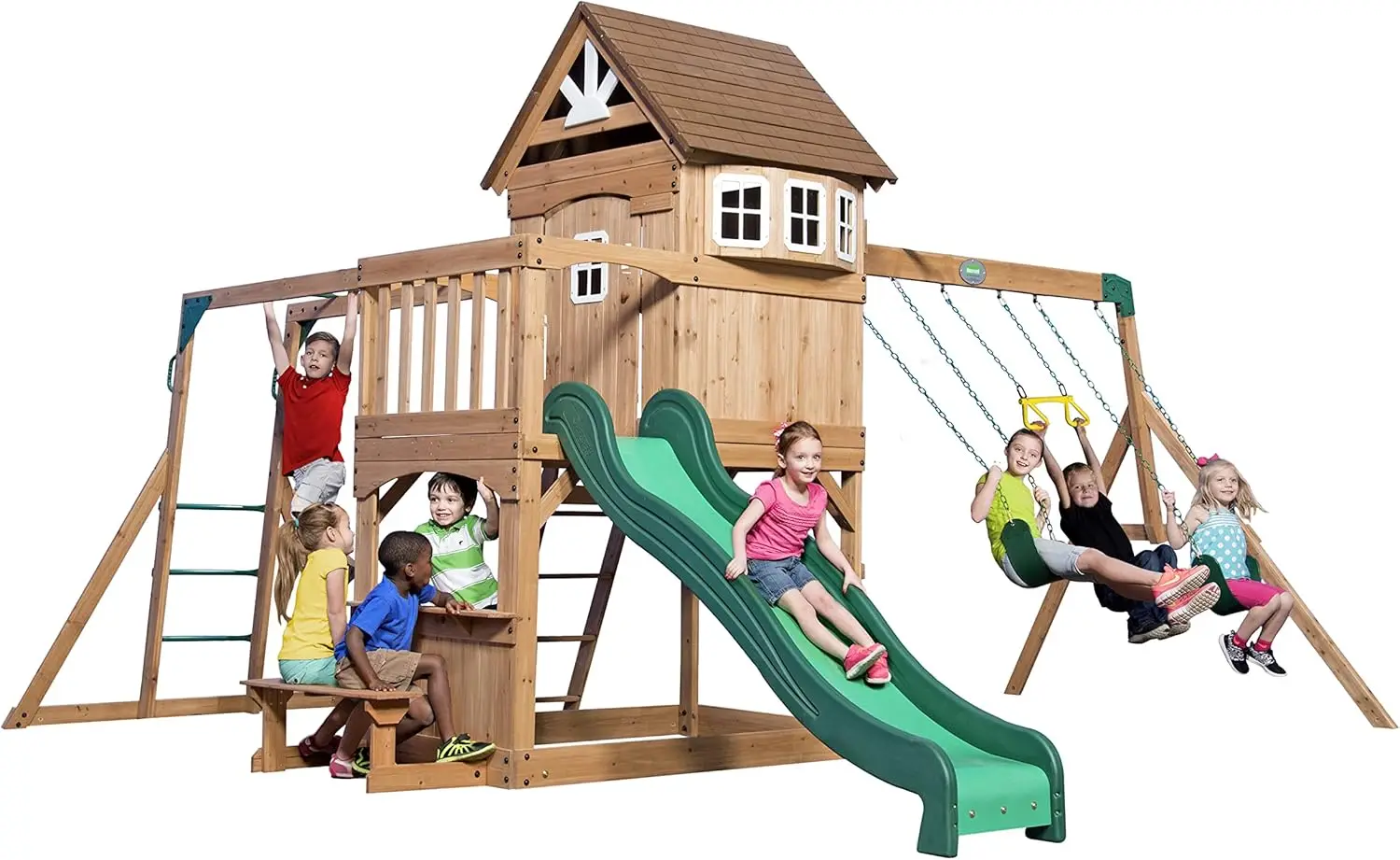 Игровой комплекс Backyard Discovery Montpelier из кедрового дерева, для детей 3-6 лет, с волновой горкой, домиком, турником, зоной для пикника, и подвесными качелями.
Игровой комплекс Backyard Discovery Montpelier из кедрового дерева, для детей 3-6 лет, с волновой горкой, домиком, турником, зоной для пикника, и подвесными качелями.