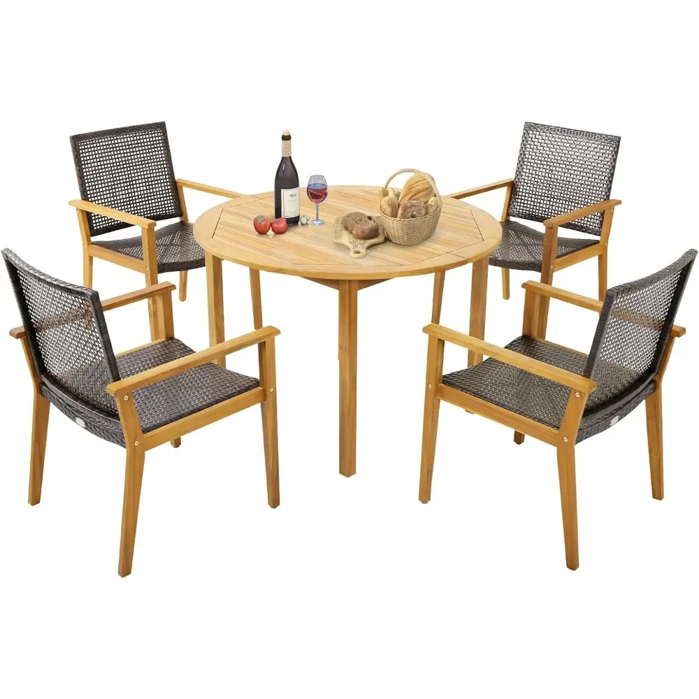 5 Pieces Patio Dining Set, 4 Patio Wicker Armchairs and Round Acacia Wood Dining Table, Outdoor Table and Chairs Set fo Backyard
5 Pieces Patio Dining Set, 4 Patio Wicker Armchairs and Round Acacia Wood Dining Table, Outdoor Table and Chairs Set fo Backyard