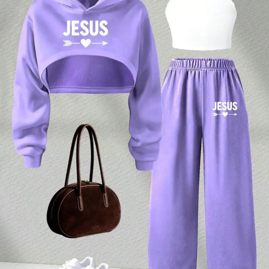 Purple 3pcs Set Jesus Print Cropped Hoodie Camisole Sweatpants For Women Casual Daily Wear
Purple 3pcs Set Jesus Print Cropped Hoodie Camisole Sweatpants For Women Casual Daily Wear