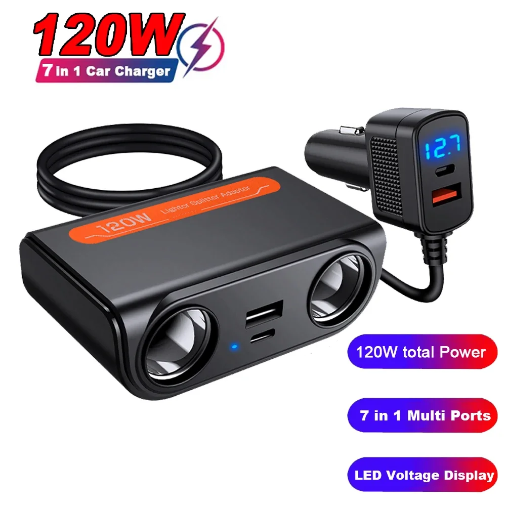 7 in 1 Car Charger Adapter PD USB Socket Cigarette Lighter Splitter Fast Charge With LED Voltmeter DC Outlet Auto Accessories
7 in 1 Car Charger Adapter PD USB Socket Cigarette Lighter Splitter Fast Charge With LED Voltmeter DC Outlet Auto Accessories