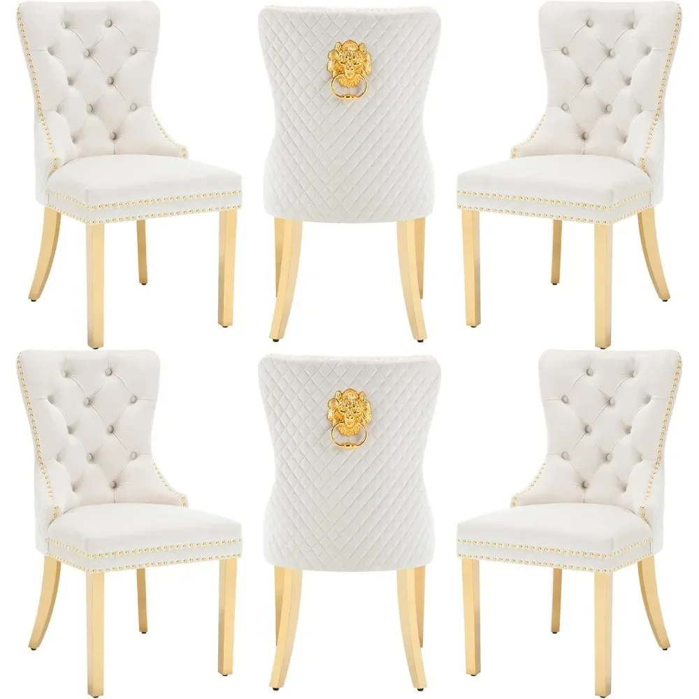 Velvet Dining Chairs Set of 6, with Stainless Steel Legs and Lion Head Pull Ring with Nailhead Trim and Button Tufted Back
Velvet Dining Chairs Set of 6, with Stainless Steel Legs and Lion Head Pull Ring with Nailhead Trim and Button Tufted Back
