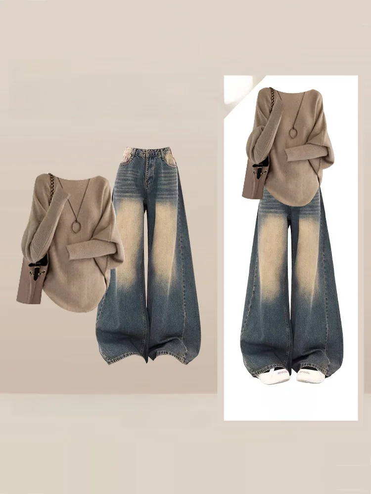 Женский зимний модный вязаный свитер с круглым вырезом и джинсы с широкими штанинами, комплект из двух предметов, винтажный стиль, большие размеры, брюки с высокой талией
Женский зимний модный вязаный свитер с круглым вырезом и джинсы с широкими штанинами, комплект из двух предметов, винтажный стиль, большие размеры, брюки с высокой талией