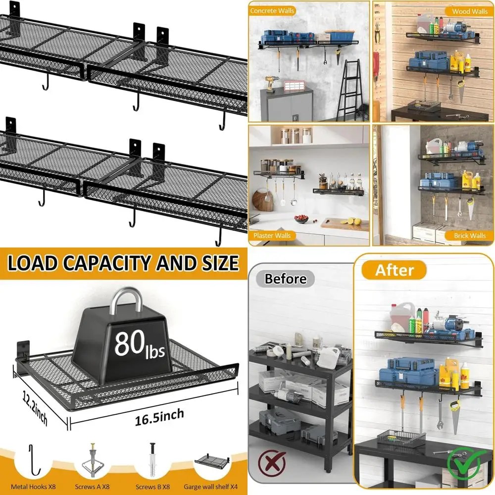 4-Piece Wall-Mounted Garage Shelving, 16.5 x 12.2, Holds 320 lbs, Ideal for Home and Office Storage
4-Piece Wall-Mounted Garage Shelving, 16.5 x 12.2, Holds 320 lbs, Ideal for Home and Office Storage