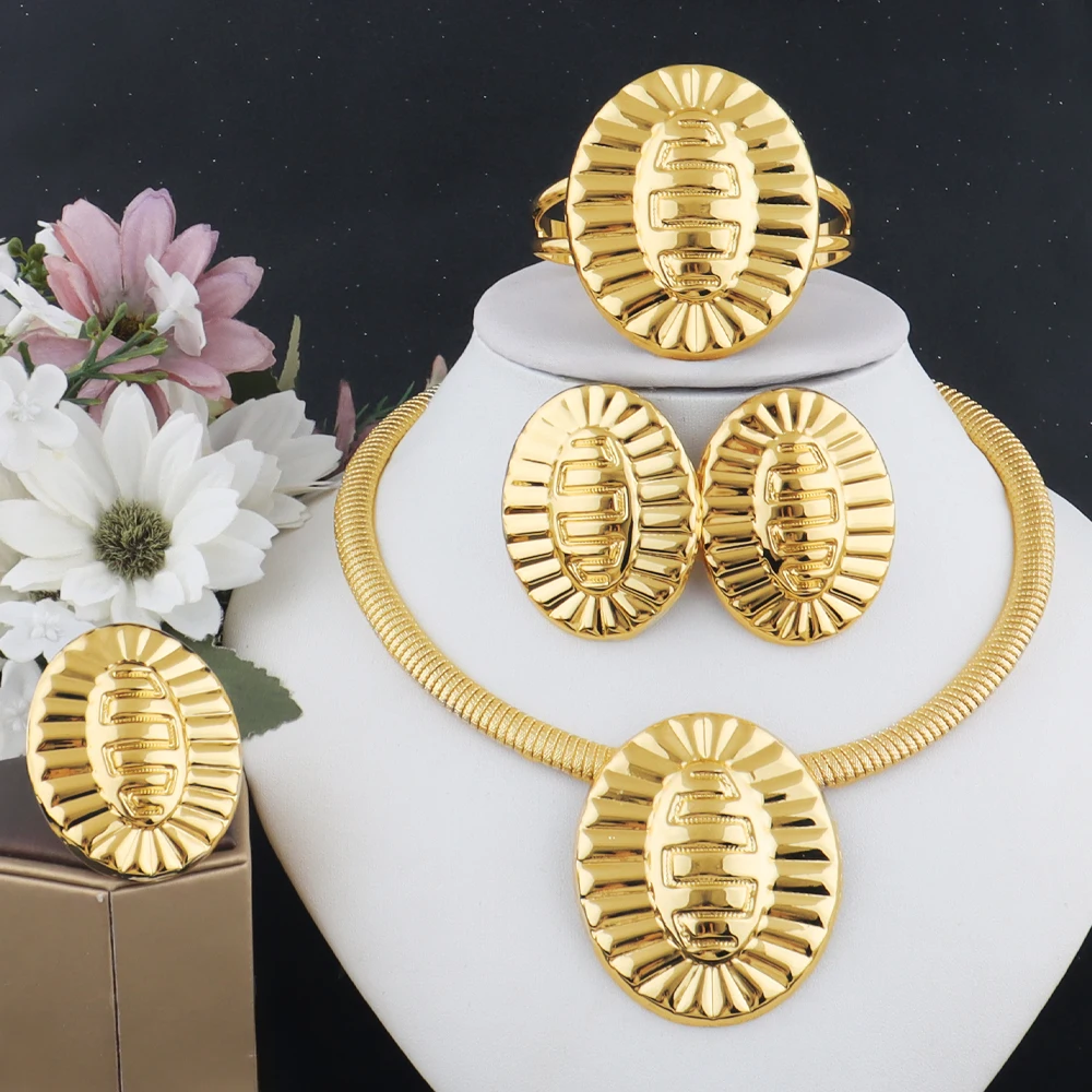 Elegant 18K Gold Plated Necklace Earrings Bracelet Ring Jewellery Set for Women Dubai Bright Jewelry for Party Wedding Banquet
Elegant 18K Gold Plated Necklace Earrings Bracelet Ring Jewellery Set for Women Dubai Bright Jewelry for Party Wedding Banquet