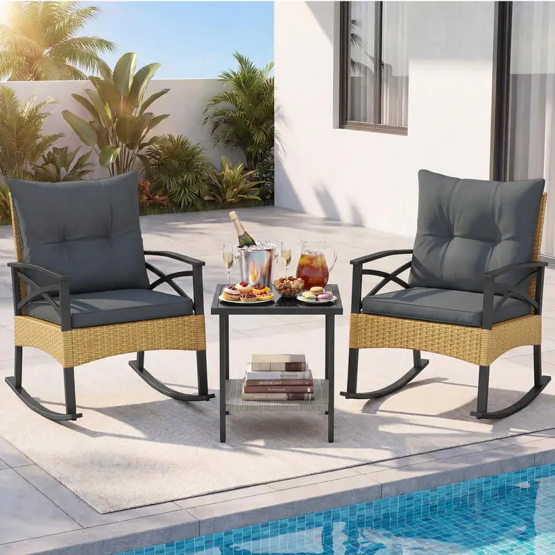 3 Pieces Outdoor Rattan Rocking Chairs Set with 2-Tier Side Table for Garden Backyard-Gray
3 Pieces Outdoor Rattan Rocking Chairs Set with 2-Tier Side Table for Garden Backyard-Gray