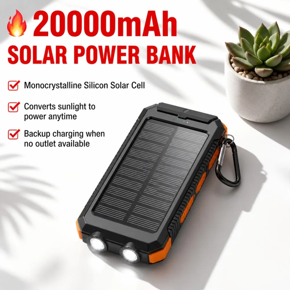 20000mAh Solar Power Bank Waterproof Portable Charger LED Light, Large Capacity Outdoor Fast Charging Battery for Camping Hiking
20000mAh Solar Power Bank Waterproof Portable Charger LED Light, Large Capacity Outdoor Fast Charging Battery for Camping Hiking