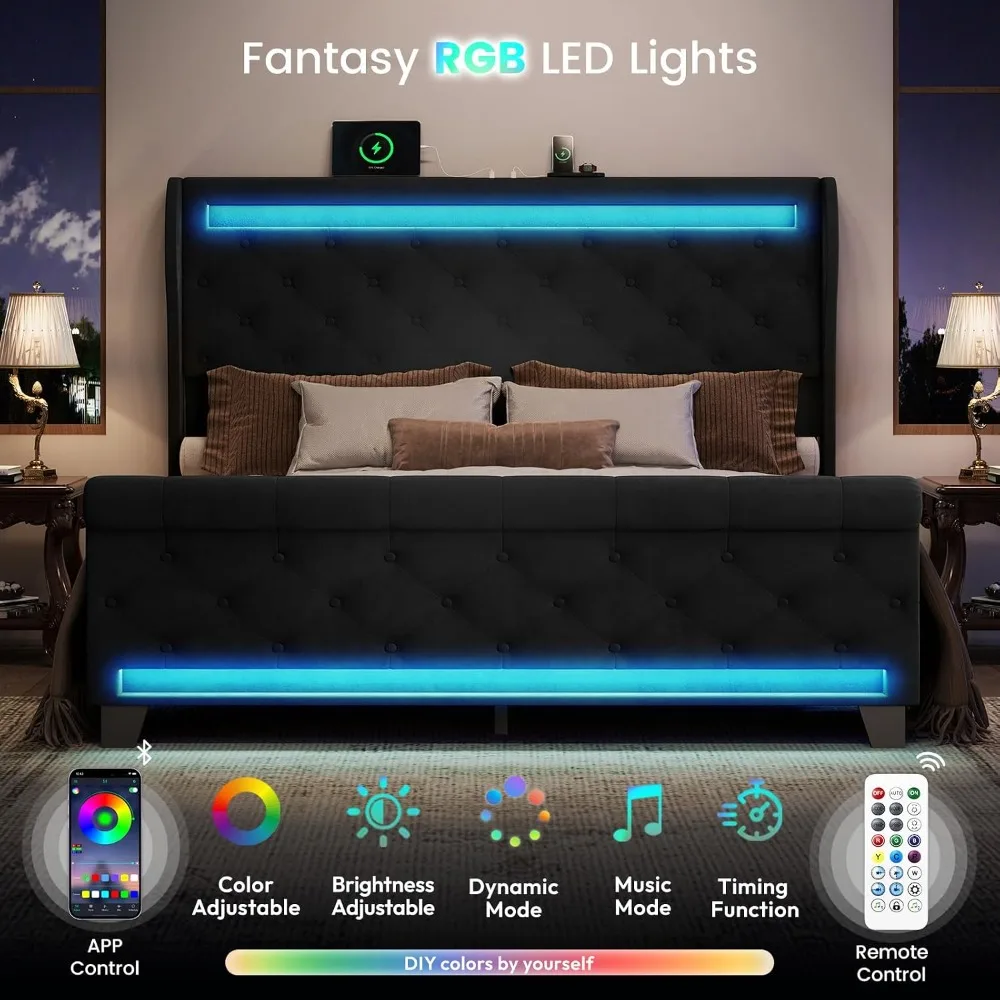 Queen Size Bed Frame with Headboard,50" Tall Headboard Upholstered Velvet Platform Bed with LED Lights & 2 USB Port/1
Queen Size Bed Frame with Headboard,50" Tall Headboard Upholstered Velvet Platform Bed with LED Lights & 2 USB Port/1