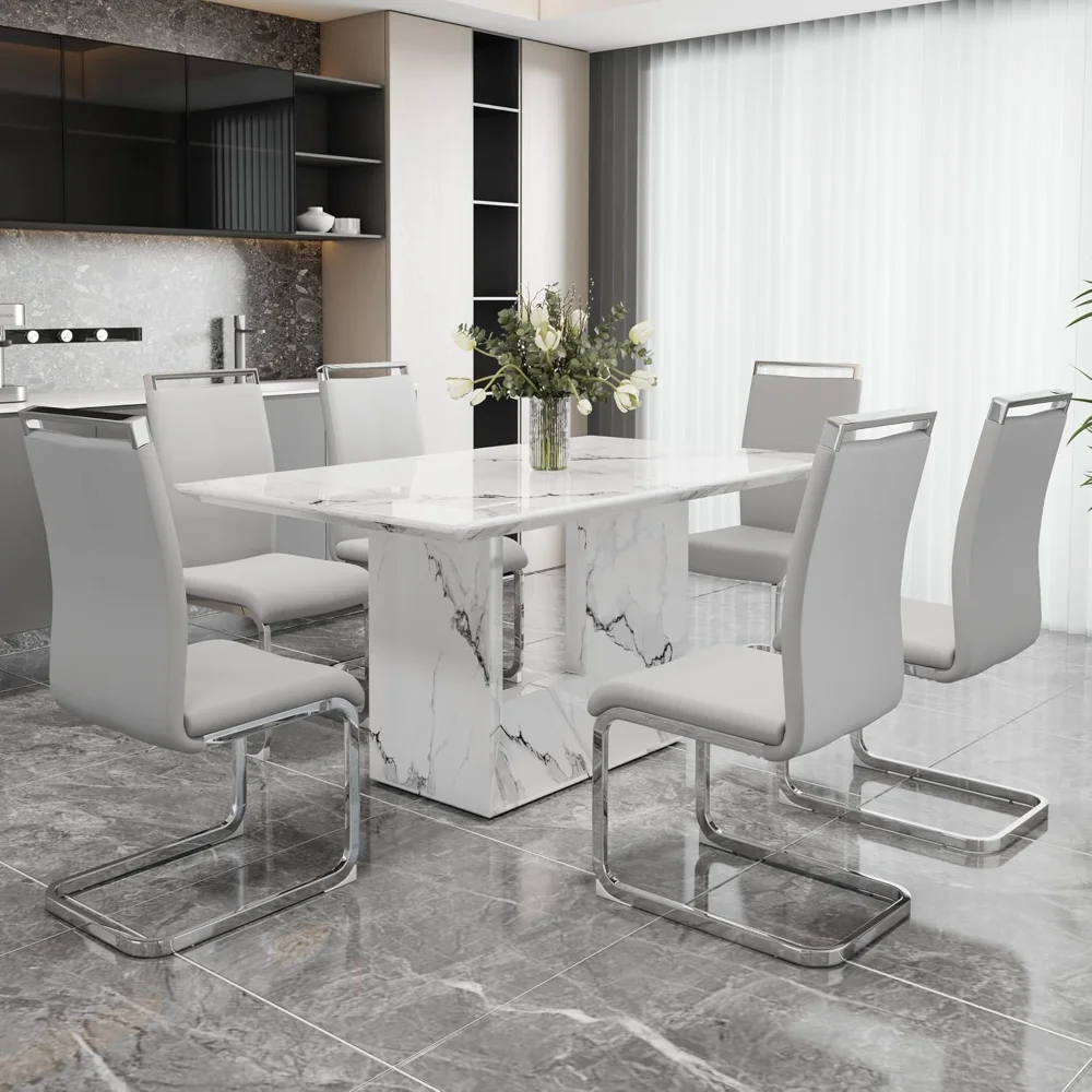 6 Seater Dining Table Set, 63 Inch Kitchen Table and Chairs, White Imitation Marble Table and 6 PU Leather Chairs Set
6 Seater Dining Table Set, 63 Inch Kitchen Table and Chairs, White Imitation Marble Table and 6 PU Leather Chairs Set