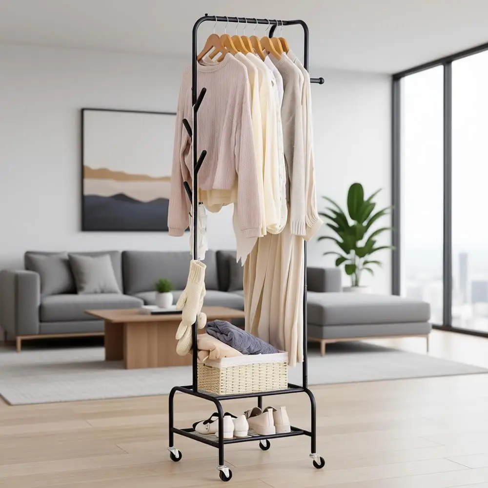 Double-Layer Metal Coat Rack with Storage Shelves and 6 Hooks for Entryway or Bedroom
Double-Layer Metal Coat Rack with Storage Shelves and 6 Hooks for Entryway or Bedroom