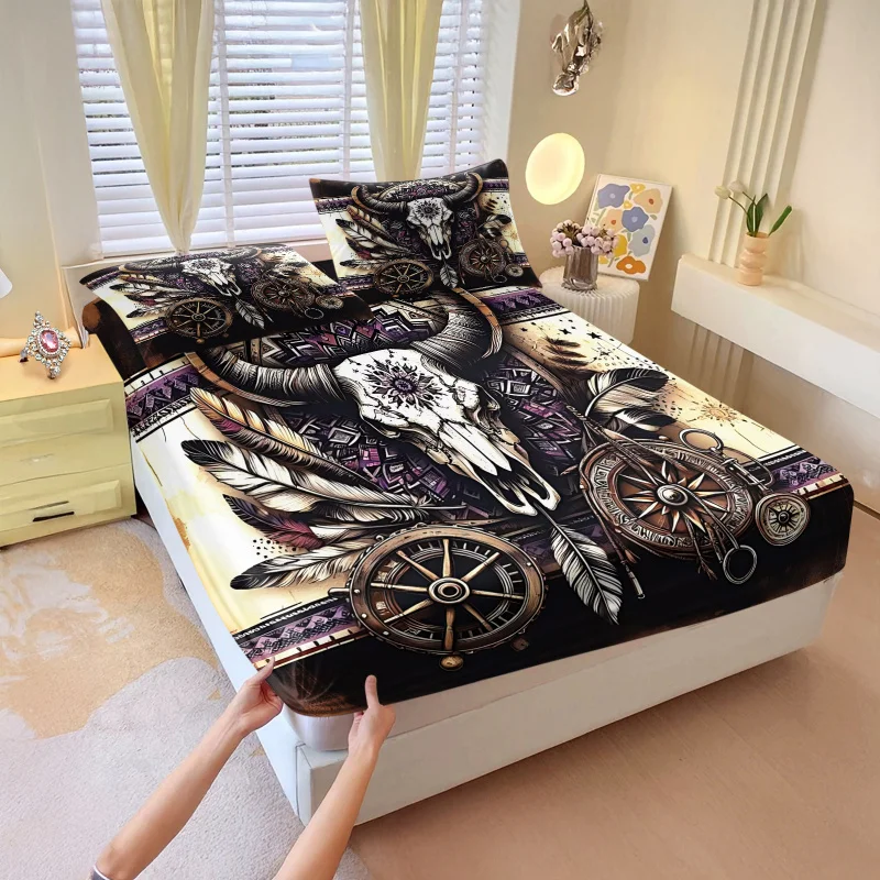 3Pcs Bull Skull Floral Pattern Fitted Sheet Set Includes Two Pillowcases Soft Deep Pocket Design Bohemian for Bedroom Decor
3Pcs Bull Skull Floral Pattern Fitted Sheet Set Includes Two Pillowcases Soft Deep Pocket Design Bohemian for Bedroom Decor
