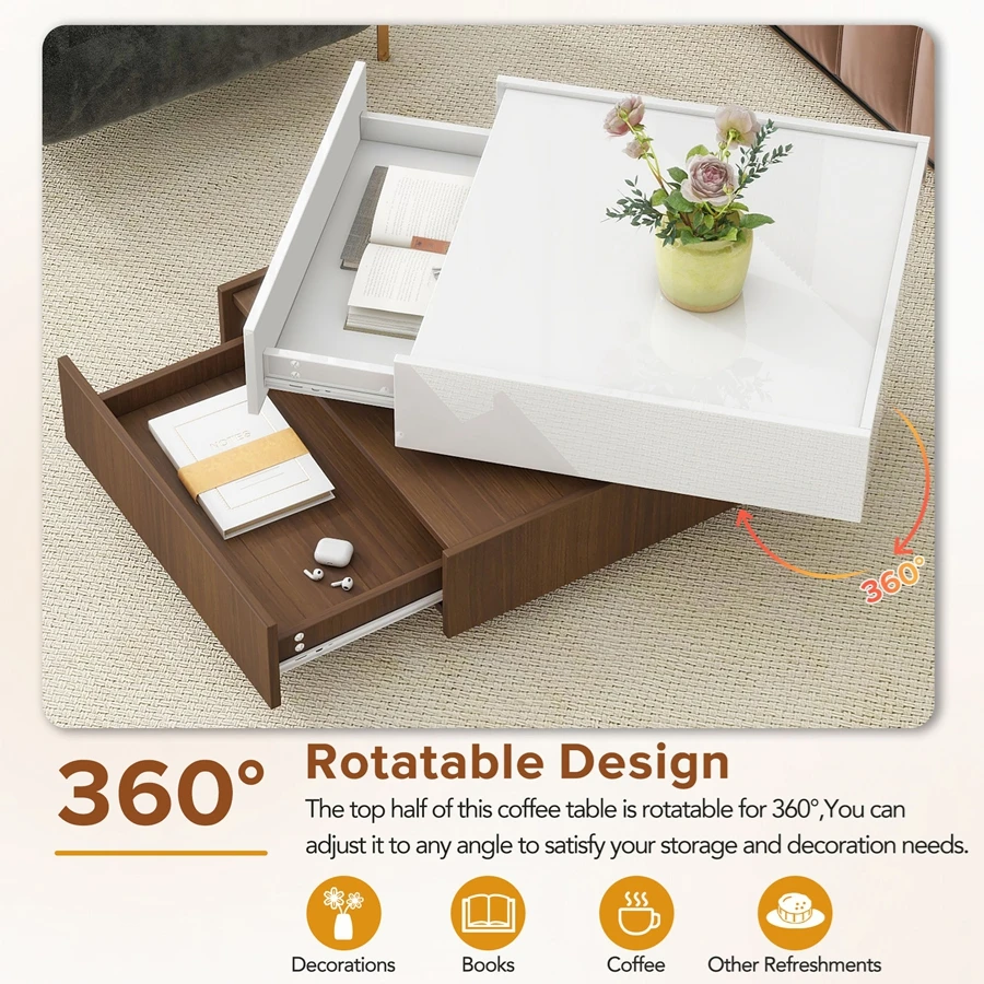 Square 360 ° Rotating Coffee Table With 2 Drawers, High Gloss 2-layer Walnut Table With Rotating Table Top And Storage Space
Square 360 ° Rotating Coffee Table With 2 Drawers, High Gloss 2-layer Walnut Table With Rotating Table Top And Storage Space