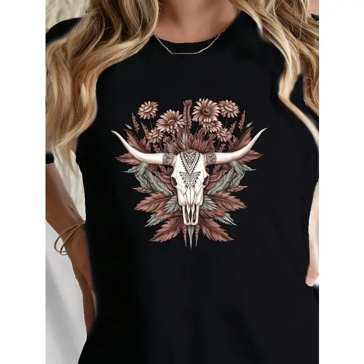 Women's Boho Bull Skull T-shirt Floral Feather Graphic Tee Retro Western Style Short Sleeve Top
Women's Boho Bull Skull T-shirt Floral Feather Graphic Tee Retro Western Style Short Sleeve Top