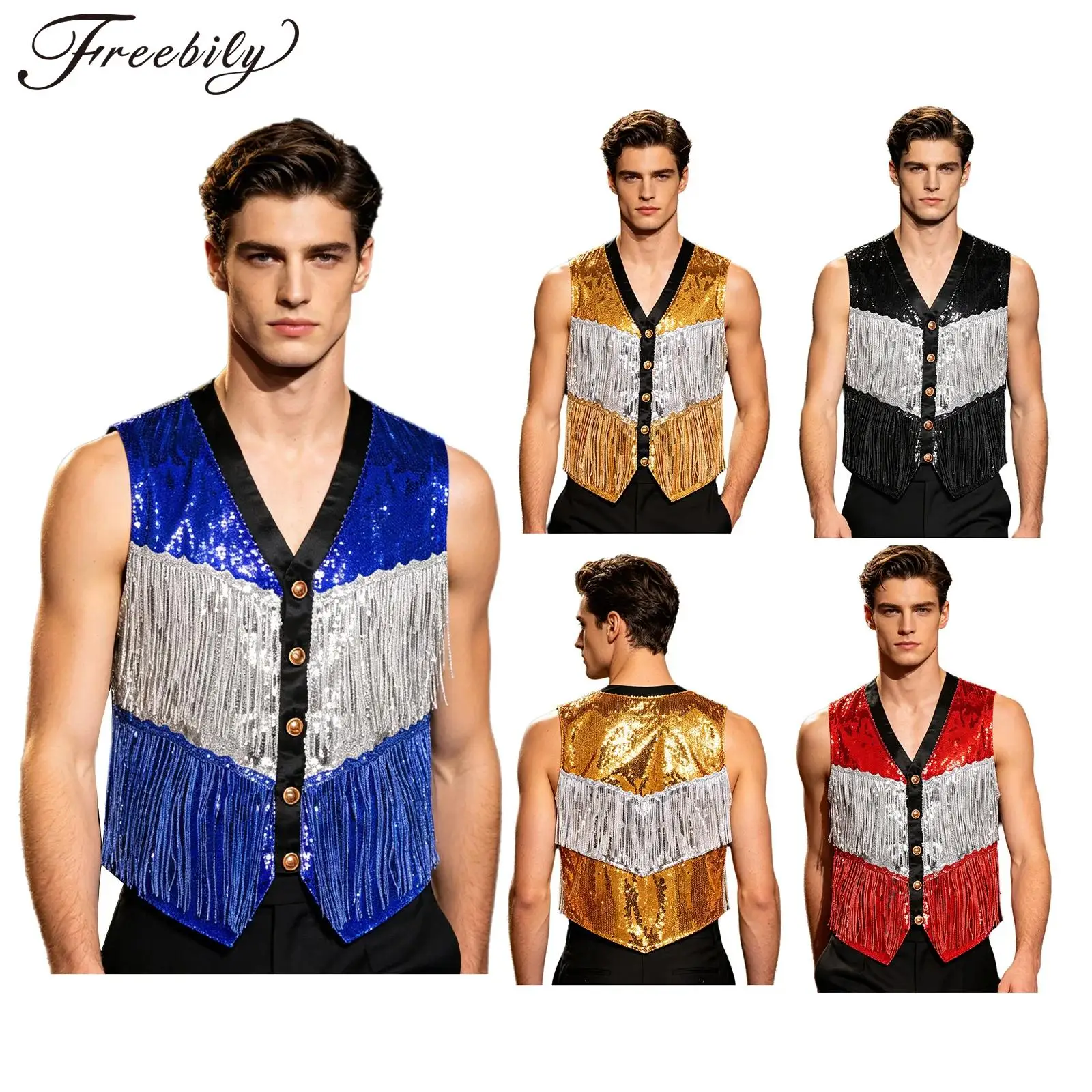 Men Glitter Fringed Disco Jazz Dance Vest Color Block Sequin Tiered Tassel Waistcoat V Neck Sleeveless Irregular Hem Tank Top
Men Glitter Fringed Disco Jazz Dance Vest Color Block Sequin Tiered Tassel Waistcoat V Neck Sleeveless Irregular Hem Tank Top