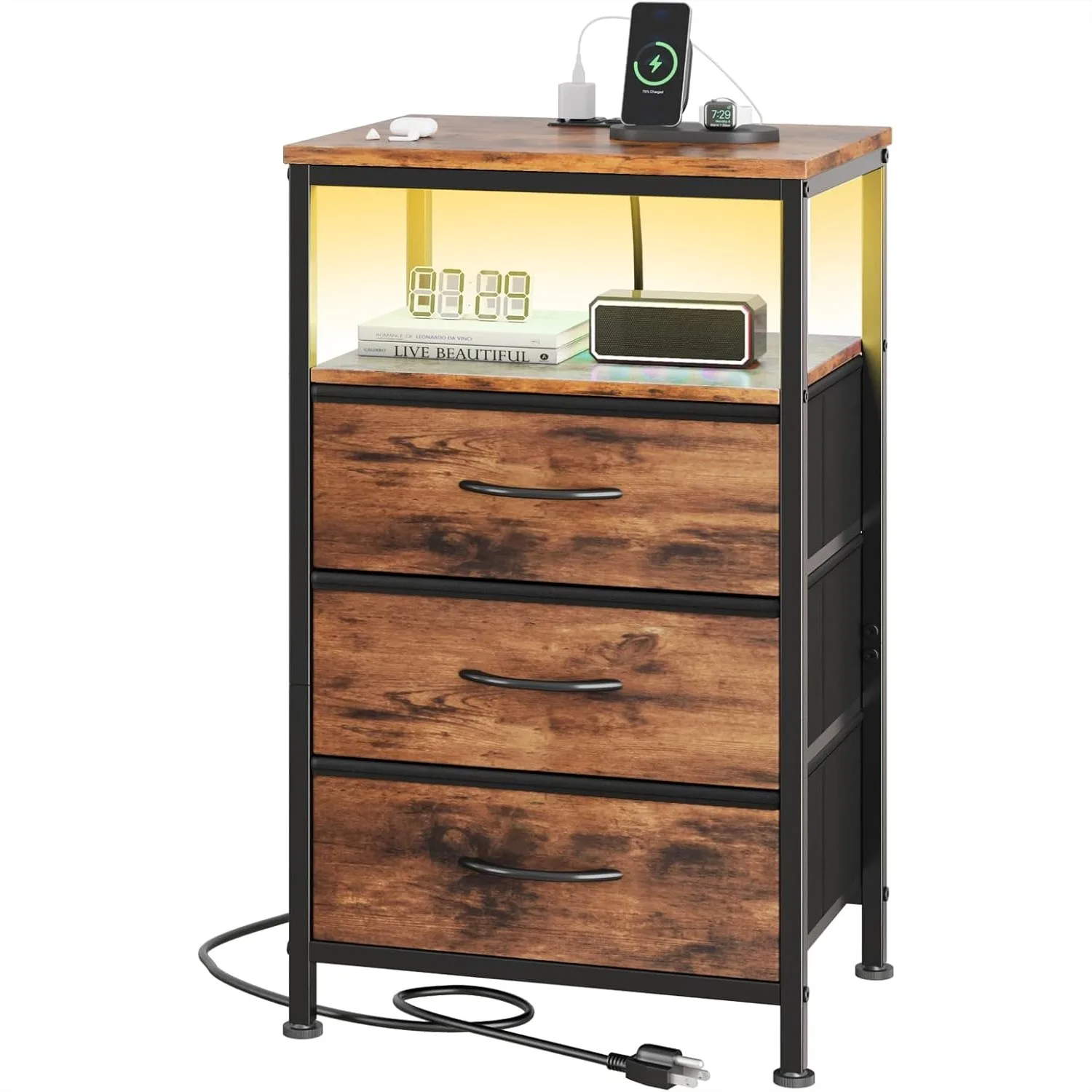Nightstand with Charging Station, Bedside End Table with 3 Fabric Drawers & USB/Type-C Ports and Outlets, LED Light Strip,
Nightstand with Charging Station, Bedside End Table with 3 Fabric Drawers & USB/Type-C Ports and Outlets, LED Light Strip,