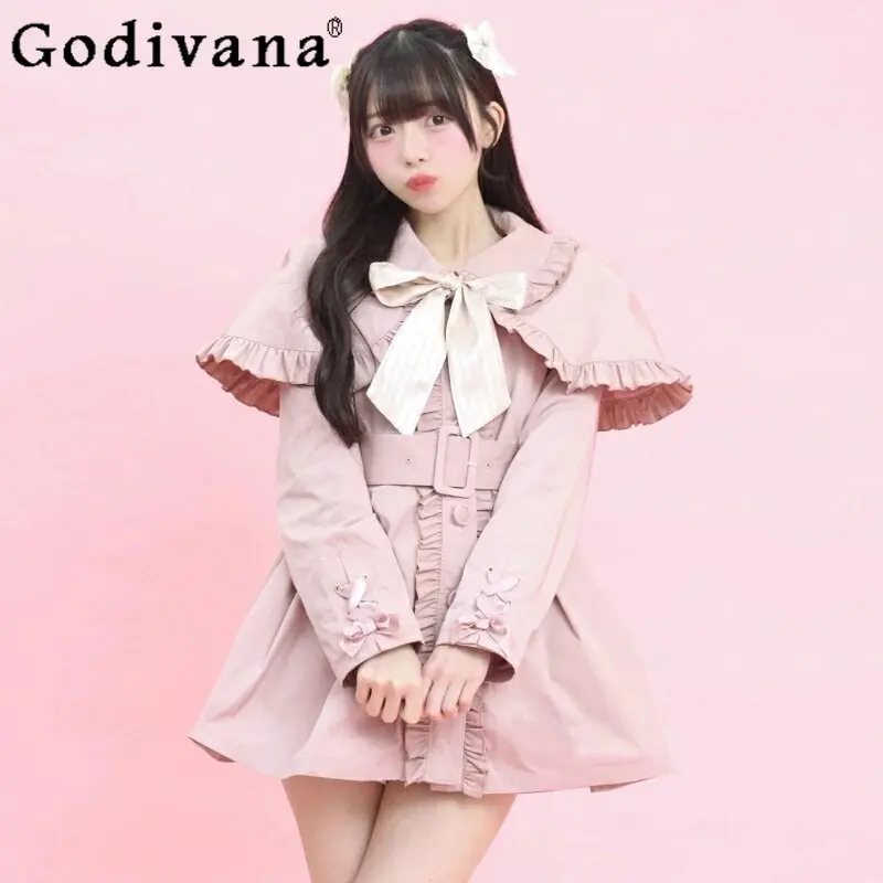 Spring New Japanese Style Girls Women's Pink Sweet Lolita Coat Ruffle Cape Collar Bow Mini Jacket Ladies Cute Casual Outwear
Spring New Japanese Style Girls Women's Pink Sweet Lolita Coat Ruffle Cape Collar Bow Mini Jacket Ladies Cute Casual Outwear