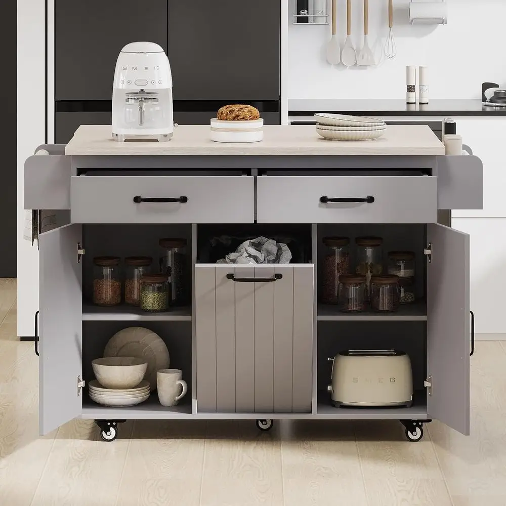 Kitchen Island with Trash Can Storage Cabinet, Kitchen Cart with Drop Lea, Spice Rack, Towel Rack and Der, Rolling Kitchen Islan
Kitchen Island with Trash Can Storage Cabinet, Kitchen Cart with Drop Lea, Spice Rack, Towel Rack and Der, Rolling Kitchen Islan