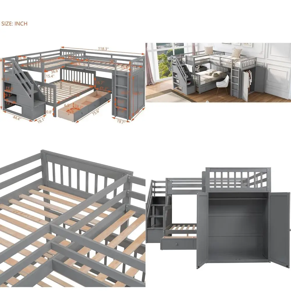 Gray L-Shape Twin Bunk Bed with Stairs, Desk, and Storage for Kids and Teens
Gray L-Shape Twin Bunk Bed with Stairs, Desk, and Storage for Kids and Teens