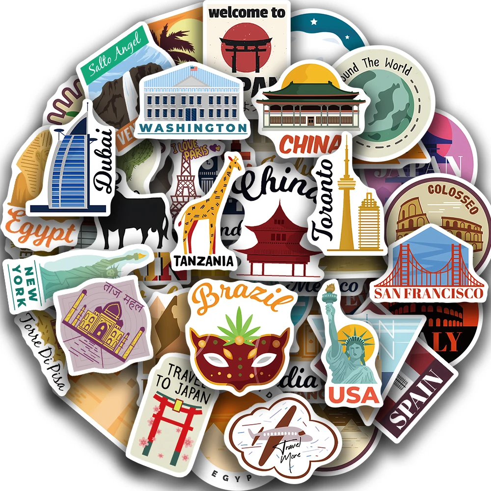 50PCS World Landmark Cartoon Stickers For Water Bottle Laptop Skateboard Guitar Scrapbook Cities Travel Sticker Graffiti Decal
50PCS World Landmark Cartoon Stickers For Water Bottle Laptop Skateboard Guitar Scrapbook Cities Travel Sticker Graffiti Decal