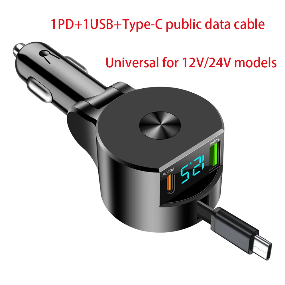 Digital Display Retractable Cable Car Charger Power Connector, PD30W Super Fast Charging, 3-in-1 USB to Cigarette Lighter Adapte
Digital Display Retractable Cable Car Charger Power Connector, PD30W Super Fast Charging, 3-in-1 USB to Cigarette Lighter Adapte