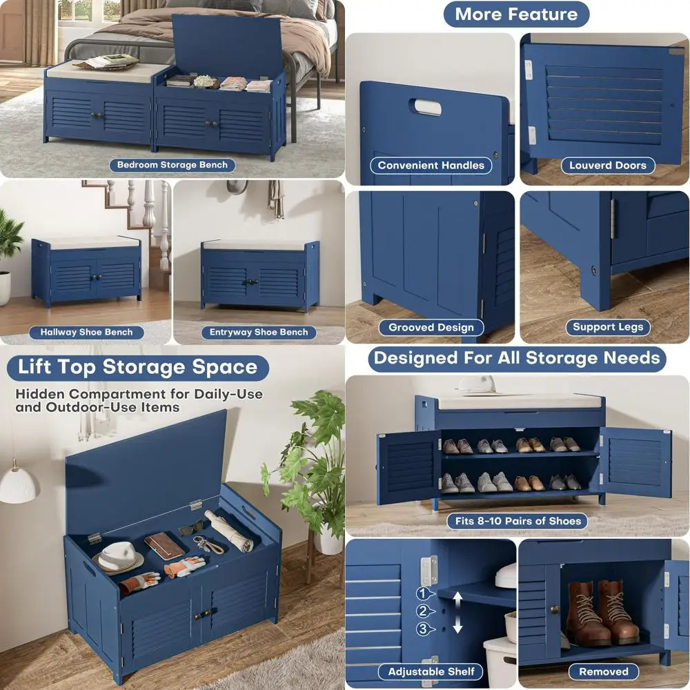 Синяя мягкая скамейка для прихожей с подъемным верхом и двухуровневым ящиком для хранения обуви
Синяя мягкая скамейка для прихожей с подъемным верхом и двухуровневым ящиком для хранения обуви